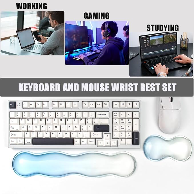 Ergonomic Gel Keyboard and Mouse Wrist Rest Set – Blue Clear Wrist Rest for Computer Keyboard 60%/68%/75%, Keyboard Cushion, Comfort & Support for Typing and Gaming