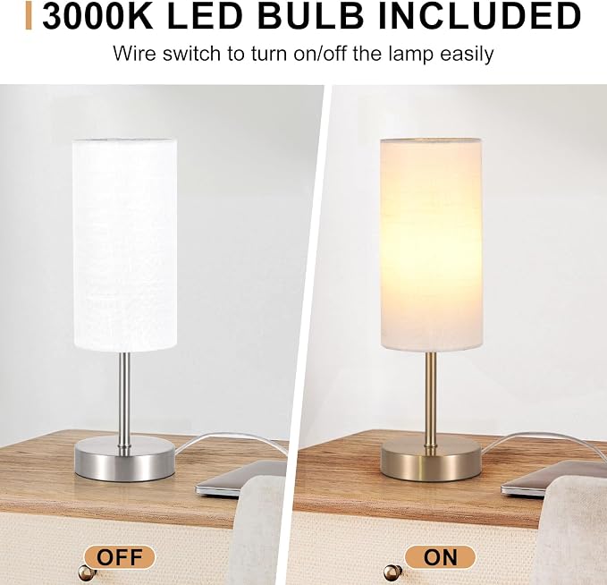 RISLG 2 Pack Small Table Lamp for Bedroom, Bedside Lamp for Nightstand, Minimalist Modern Desk Lamp with Linen Fabric Shade for Living Room, Office, Kids Room, Dorm, LED Bulb Included