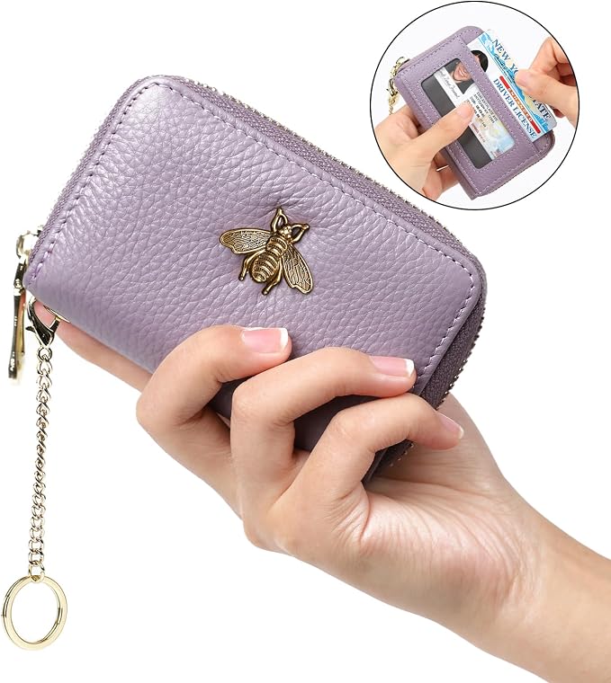 imeetu RFID Credit Card Holder, Small Card Wallet Women, Leather Card Case | Genuine Leather Women's Card & id Cases, Change Coin Purse with Zipper Keychain id Window, 20 Colors & 3 Styles, Daily, Gifts