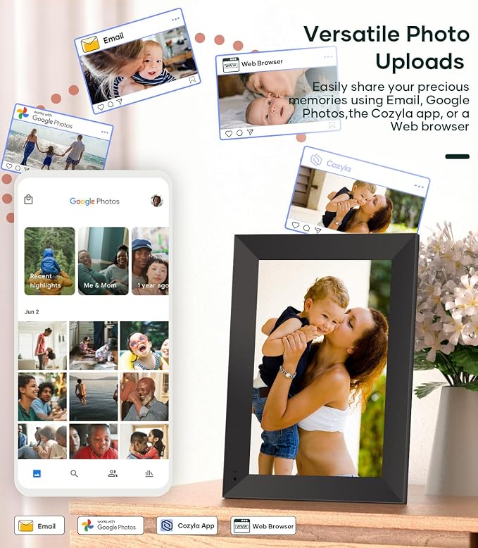 Cozyla Frame: 10.1" WiFi Digital Picture Frame with No Subscription & Unlimited Storage, Support Long Video, Electronic Photo Frame Gift for Family, Share Picture via Google Photos, App, Email, Web