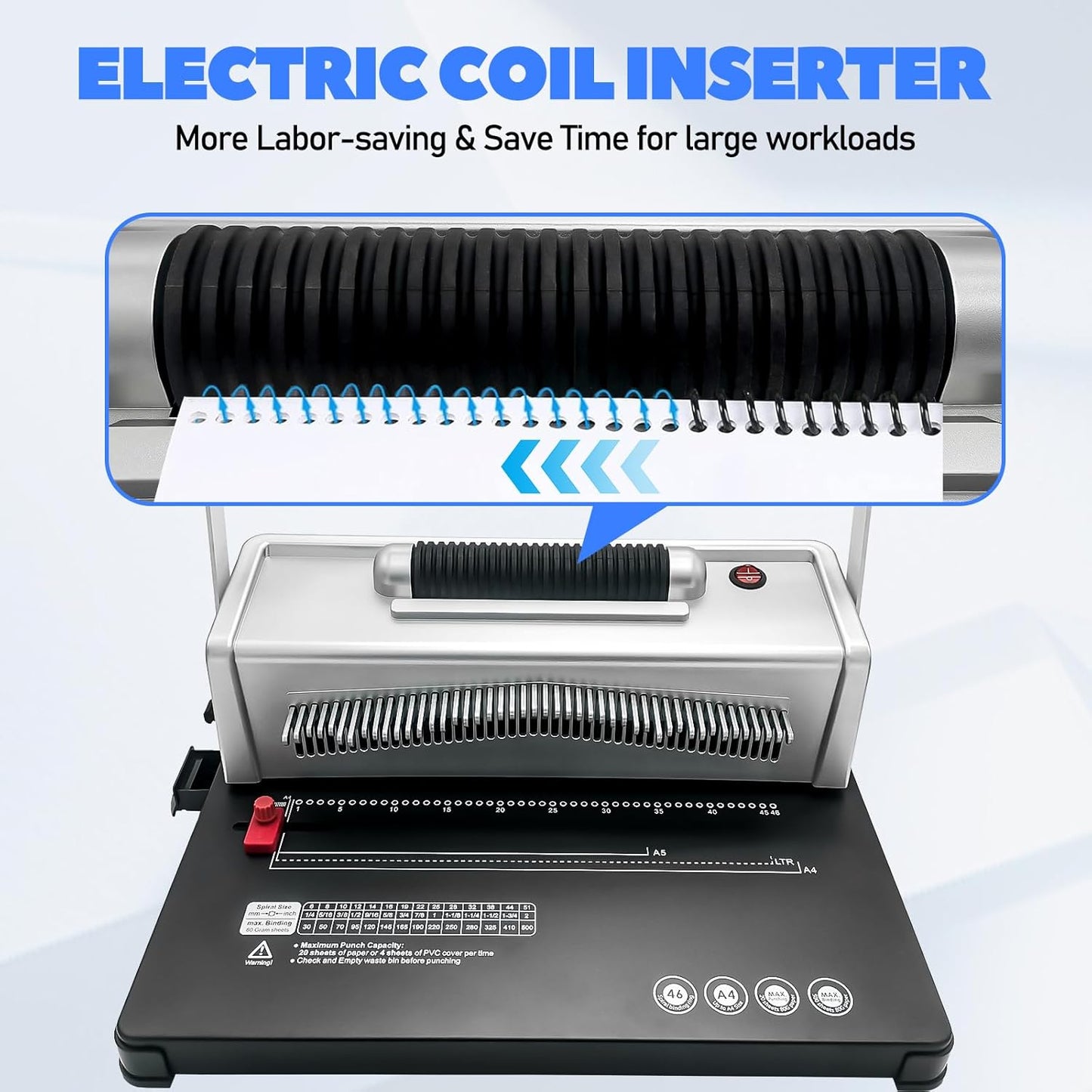 Coil Spiral Binding Machine,46 Holes Spiral Coil Binder with Electric Coil inserter,Manual Book Maker Punch Binder with 100pcs Plastic Coil and Plier