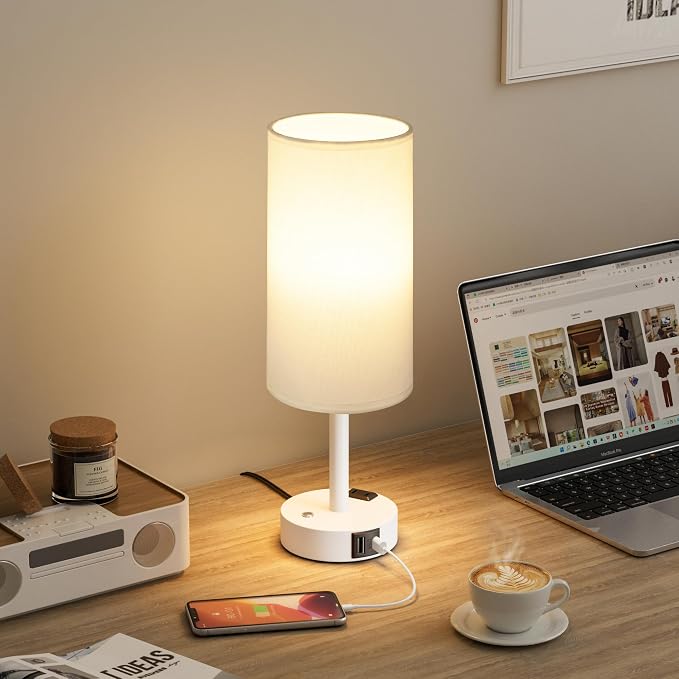 White Touch Bedside Lamp for Bedroom, Stepless Dimmable, USB A+C, AC Outlet | Base Touch Button Only, Memory Brightness, Ultra-dim Night Light, Included Bulb for Optimal Dimming, White Lamp Base, Nursery