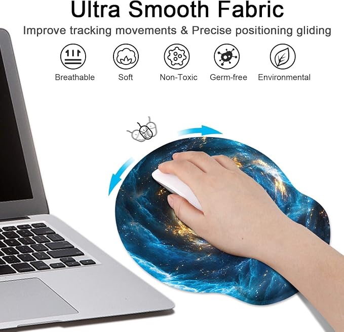 Ergonomic Mouse Pad Set with Wrist Rest, Galaxy Space | Blue Black Non-Slip Rubber Base Wrist Cushion Support and Coasters Mousepad with Wrist Support for Computer Keyboard