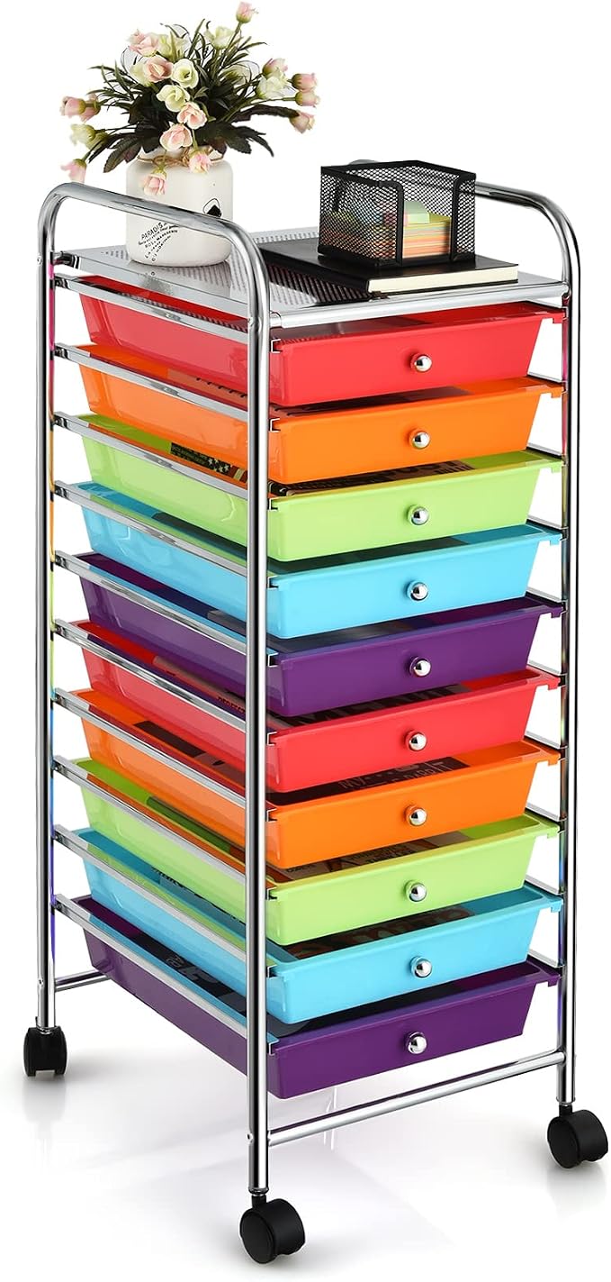 COSTWAY 10-Drawer Rolling Storage Cart, Utility Mobile Trolley | Removable Drawers & Universal Casters & 2 Brakes, Versatile Flexible Drawer Organizer Cart for Home, Office (Multi-Color)