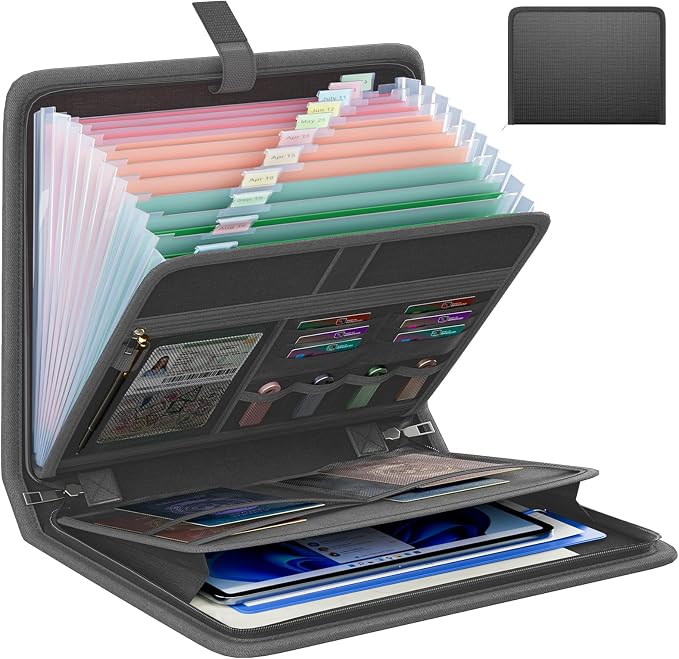 Fireproof Accordion File Organizer, Expanding File Folder with 13 Pockets | Portable Document Organizer with Waterproof Zipper & Labels, File Organizer for Important Document/Paper Storage, Dark Gray
