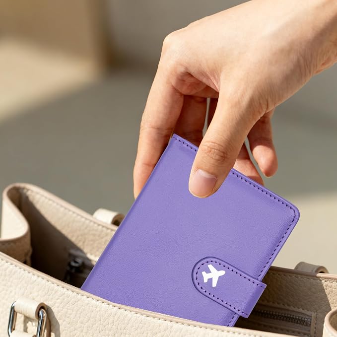Passport Holder, Cute Travel Wallet Cover with RFID Blocking,Purple | PU leather travel wallet with magnetic closure, card slots, pen loop, and easy access for passports and essentials.