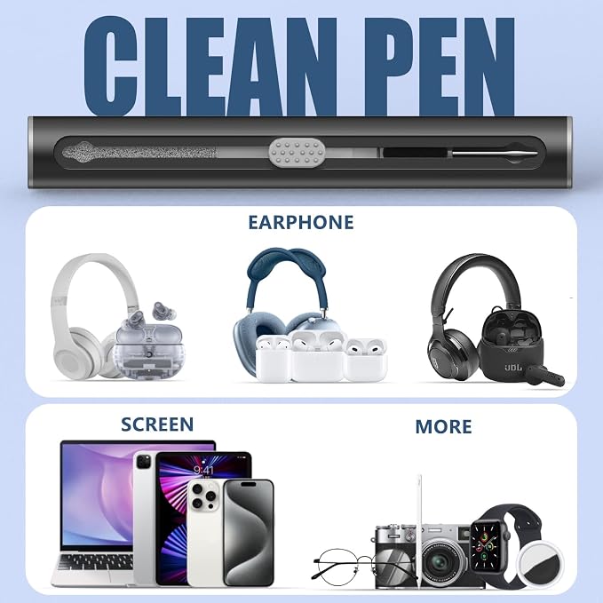 Inesore Multi Cleaning Kit for AirPods & All Bluetooth Earbuds (Black) | 3-in-1 Design with Brush,Sponge & Metal Tip, Airpod Cleaning, Phone Cleaner, Earbud Cleaning, Electronic Device Cleaning Tool