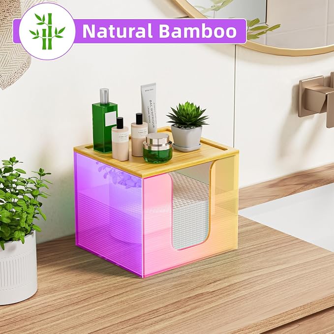 VITVITI Disposable Face Towel Holder for Clean Skin Club, Acrylic Box | Rainbow XL Face Towels Holder Container, Facial Towel Storage with Bamboo Lid, for Bathroom, Vanity Makeup