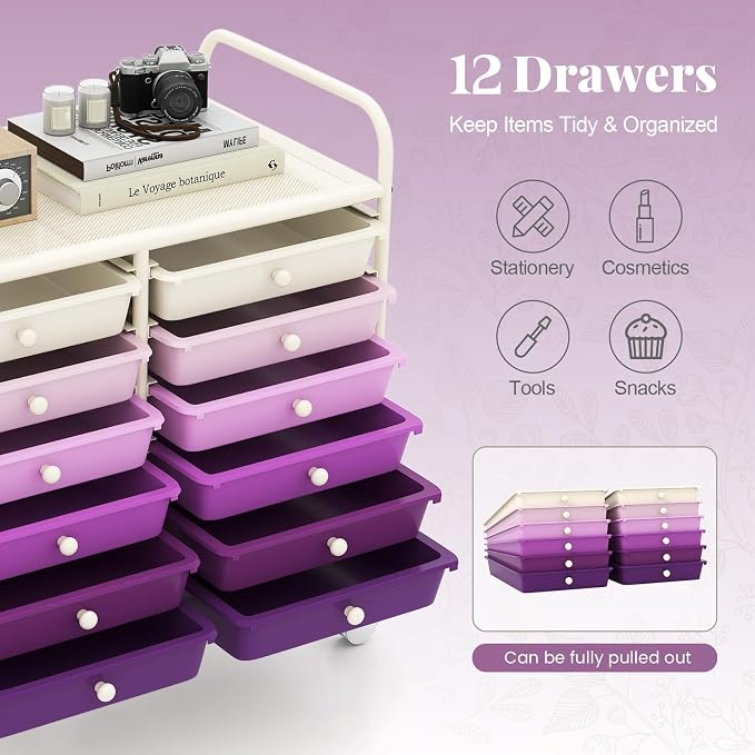 RELAX4LIFE 12-Drawer Rolling Storage Cart - Mobile Utility Cart on Wheels for School Classroom Teacher Office Salon, Paper File Art Supply Craft Organizer, Rolling Cart with Drawers (Gradient Purple)