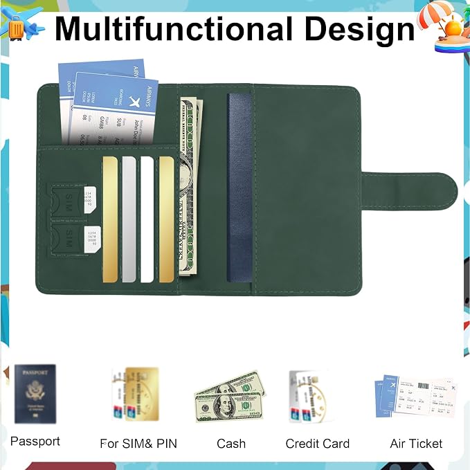 Passport Holder for Travel Essentials, Dark Green Leather Passport Cover, Passport Wallet Holders for Women Men Family Travel Gifts Must Have Accessories, Credit Card Cash Air Ticket Storage Supplies