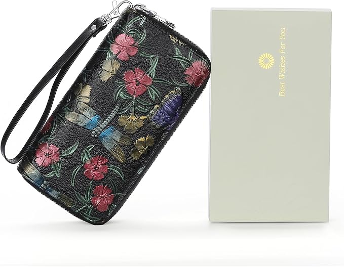 GOIACII Women's Wallet Large Capacity Double Zip Ladies Card Phone Holder RFID Blocking Wristlet Leather