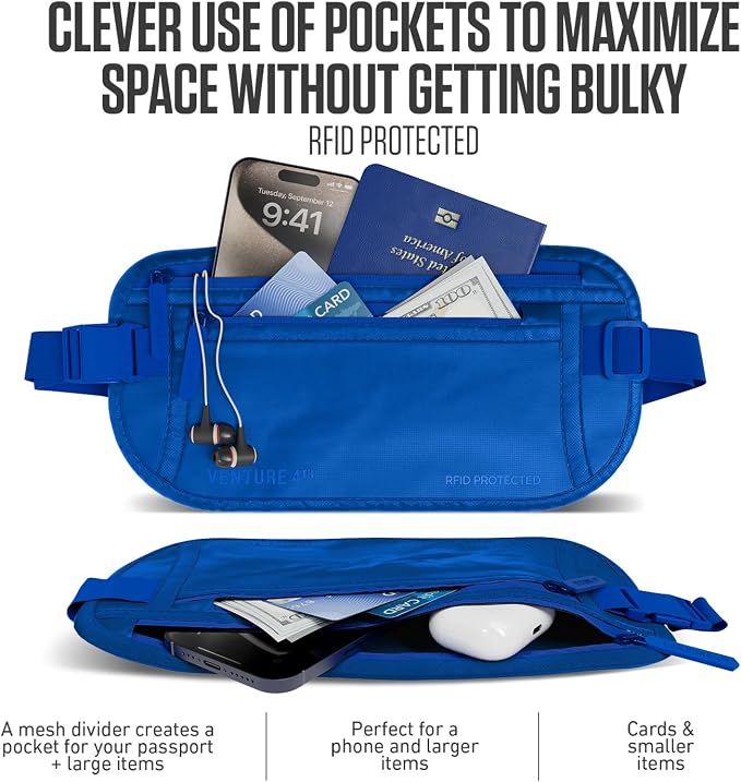 VENTURE 4TH Travel Money Belt, RFID Blocking Passport Holder - Sleek Blue