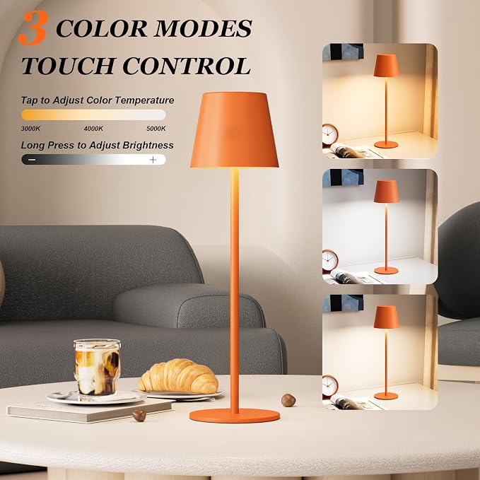 Kakanuo Cordless Table Lamp Rechargeable Orange - KK 2 Pack 5000mAH Battery Operated Lamp for Counter, 3 Color Stepless Dimming Wireless Lamp for Dining Kitchen, Outdoor Patio, Touch Control