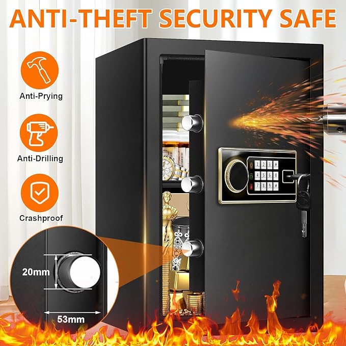 3.4 Cuft Large Safe Box for Home, Digital Security Safe with Programmable Keypad and Key Lock, Home Safe for Document Money Valuables
