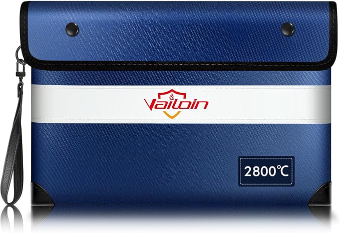 Vailoin 6200°F Fireproof Money Bag, 8 Layers of Heat Insulated Materials | Double-sided Reflective Strip, Waterproof Zipper,Certified to SGS UL94 V-1, for Tablet, Cash, A5-sized documents（Blue）