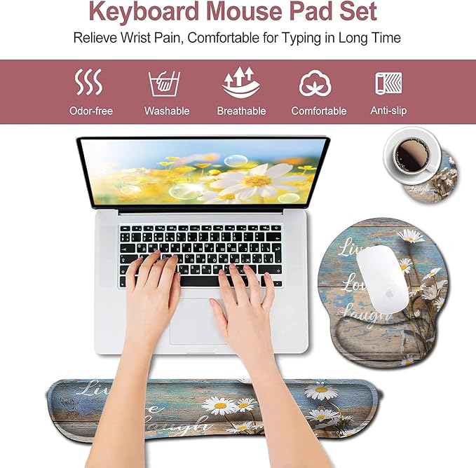 Mouse Pad for Women, Ergonomic Gel Mouse Pad, Keyboard Wrist Rest Relieves Fatigue, White Daisy Flowers on Wooden, Non-Slip and Durable, Memory Foam Keyboard Wrist Rest, for Office Typing