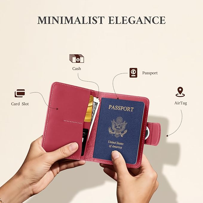 ALLIVE Rfid Passport Holder for Travel Women, Rfid Passport Cover Wallet, Genuine Leather Passport Holder for Travel with AirTag Hidden, Airport Essentials, Travel Gifts (Rose Pink)