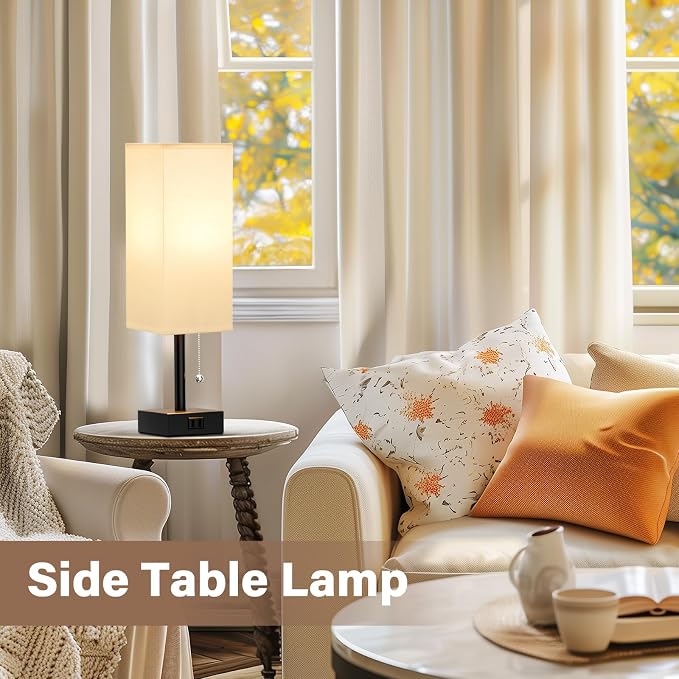 White Bedside Lamps for Bedroom Set of 2 - Small Rectangular Nightstand Lamp with AC Outlet Charging Port, 3 Color Temperatures Desk Light with Bulb, Tabletop Reading Lamp for Living Room/Dorm/Office | AC Outlet, 3 Color Temperatures, LED Bulb Included...