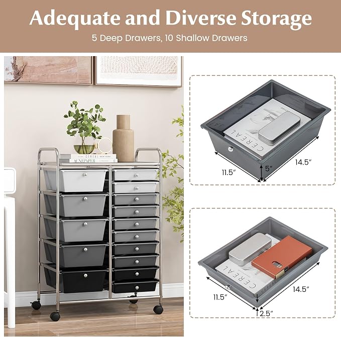 RELAX4LIFE 15-Drawer Storage Drawer Cart - Mobile Rolling Utility Cart with Wheels, Steel Frame, Craft Organizer for Classroom Organization and Storage, School, Office, Home, Gradient Black