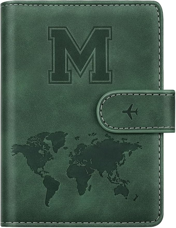 Passport Holder Wallet Cover Personalized Initial Travel Essentials | Embossed Letter A-Z Design, Travel Wallets, RFID Blocking, Passport Book Holders, Women Men, Personalized Gifts, Green-M