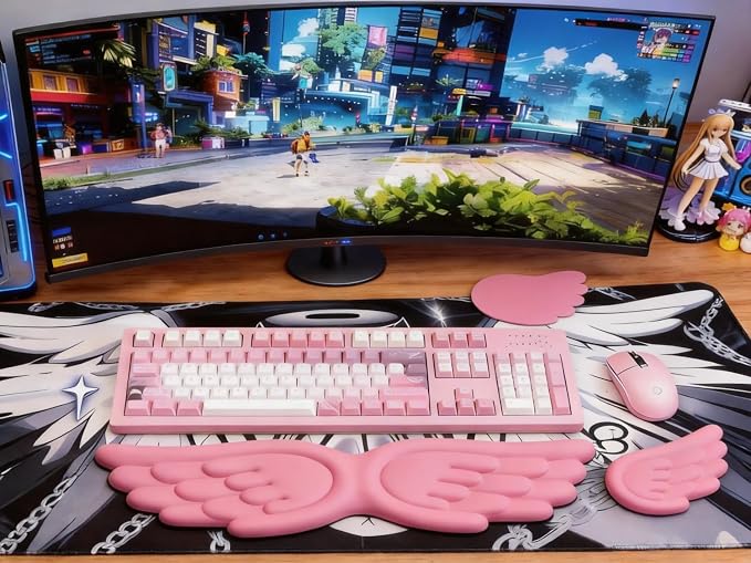 Angel Wing Wrist Rest Ergonomic Memory Foam Wrist Rest for Computer Keyboard Mouse Set with Cup Mat, Cute Gaming Keyboard Cushion Hand Support PU Leather Surface Anti-Slip Waterproof (Rose Red)