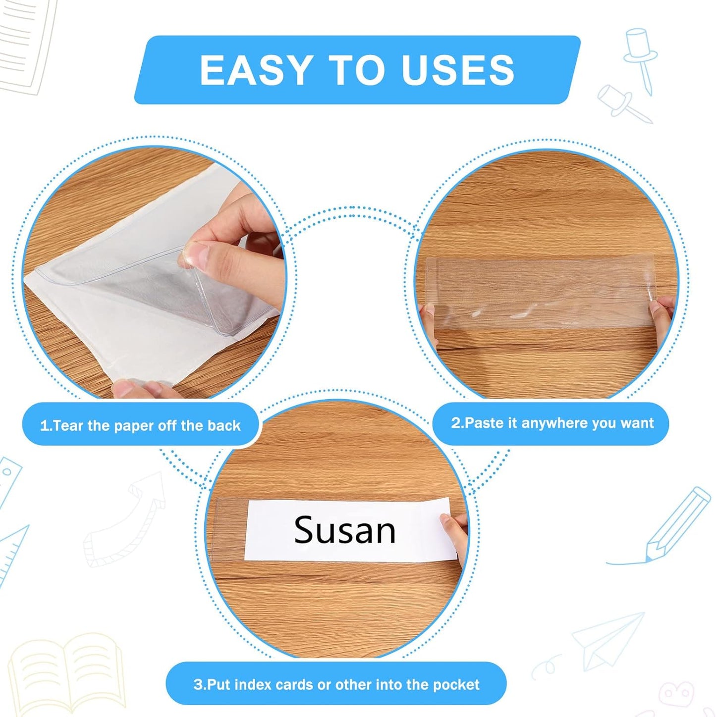Outus 100 Pcs Clear Self Adhesive Pockets - Bin Labels for Storage Bins, Pocket Label Sleeves, Plastic Index Card Holder with Top Open for Organizing Bins Box Drawer(3.55 x 10.8 Inch)