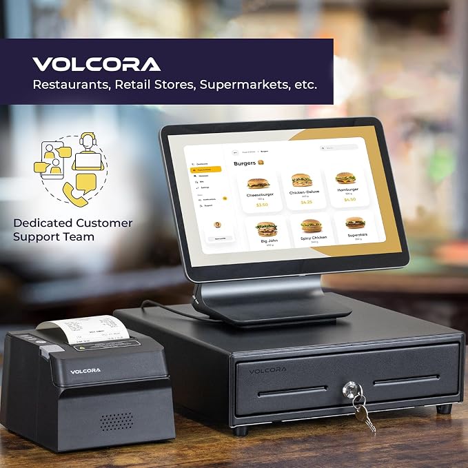 Volcora 13" POS Cash Register Drawer, 4 Bill 6 Coin Tray, Removable Coin Compartment, 12-24V RJ11/RJ12 Key-Lock, Media Slot, Black – Ideal for Small Businesses