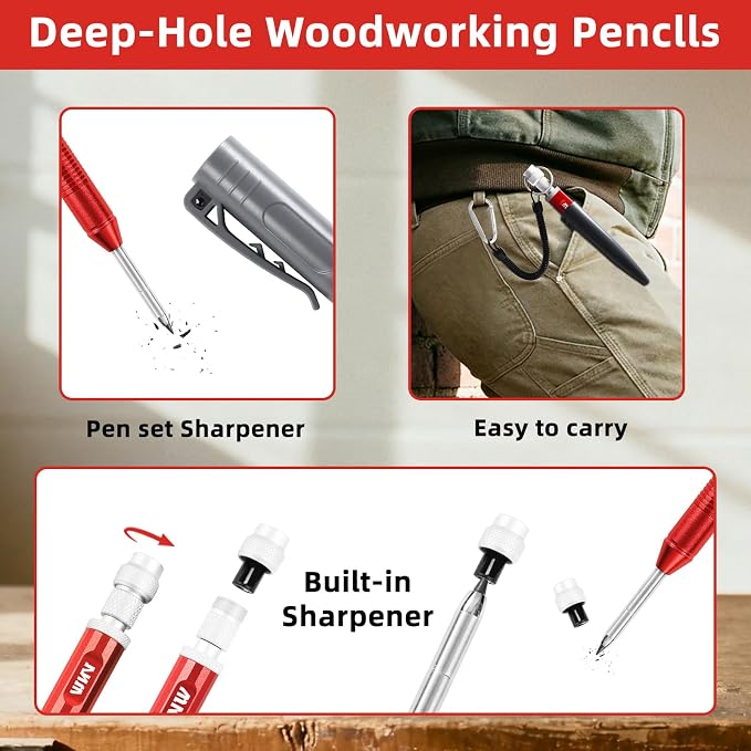 VNW New Aluminum Carpenter Pencils with Finger Grip - Incl.24 Leads - Solid Mechanical Pencils with Fine Point/Marking tools Construction/Carpenters/Scriber,Set of 2