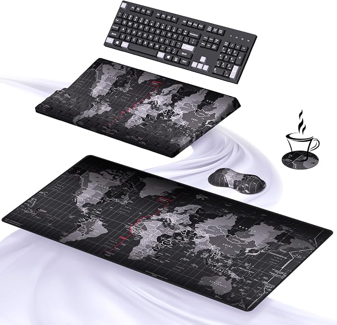 Ospelelf Ergonomic Mouse Pad and Keyboard Stand Wrist Rest Pad Set with Large Mousepad, Memory Foam Comfort, Premium Office Desk Accessories for Pain Relief and Efficiency, Black Map