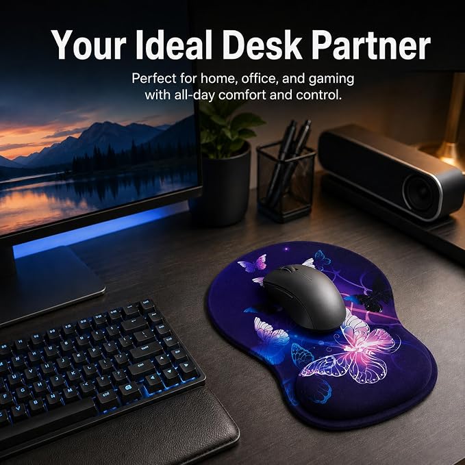 Mouse Pad with Wrist Rest Ergonomic Memory Foam Support, Non-Slip Rubber Base, Comfortable Typing Cushion for Home Office Computer Laptop, Butterfly