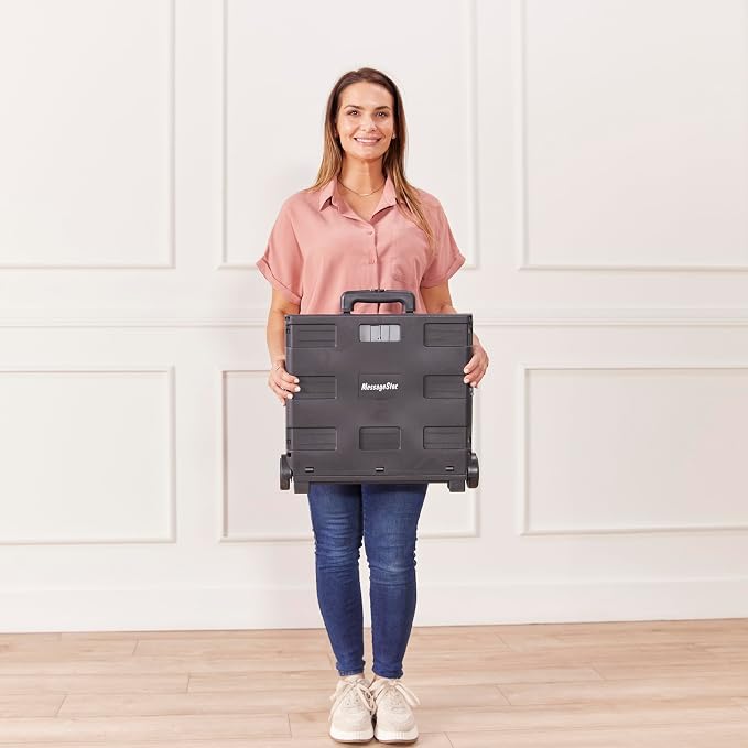 ECR4Kids Universal Rolling Cart with Canvas Organizer Bag, Mobile Storage, Red/Grey | Durable plastic, 30 compartments, adjustable handle, 40 lb capacity, collapses to 3" thick, rolling wheels for easy transport