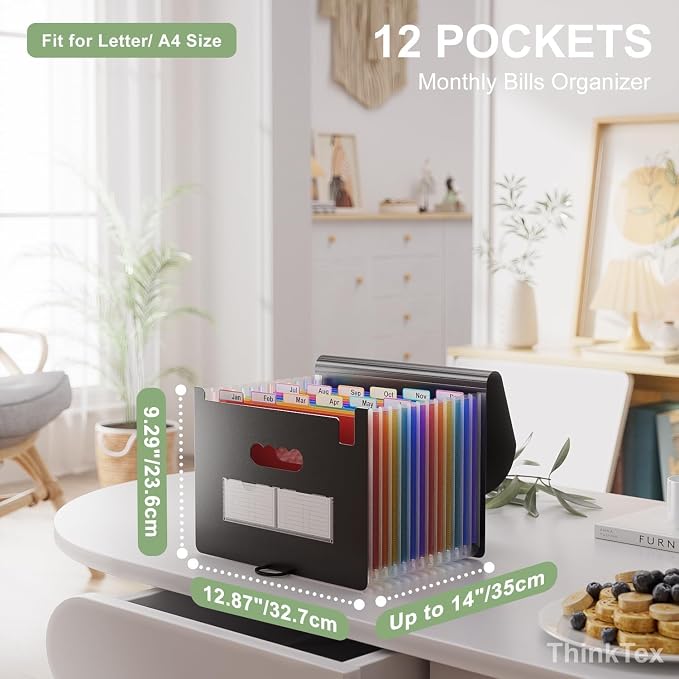 ThinkTex 10-Pack Accordion File Folders - 12 Pockets Bulk Organizer | , Heavy Duty Letter/A4 Document Holder with Color Tabs for Business Tax, School & Office & Back to School Supplies - Black