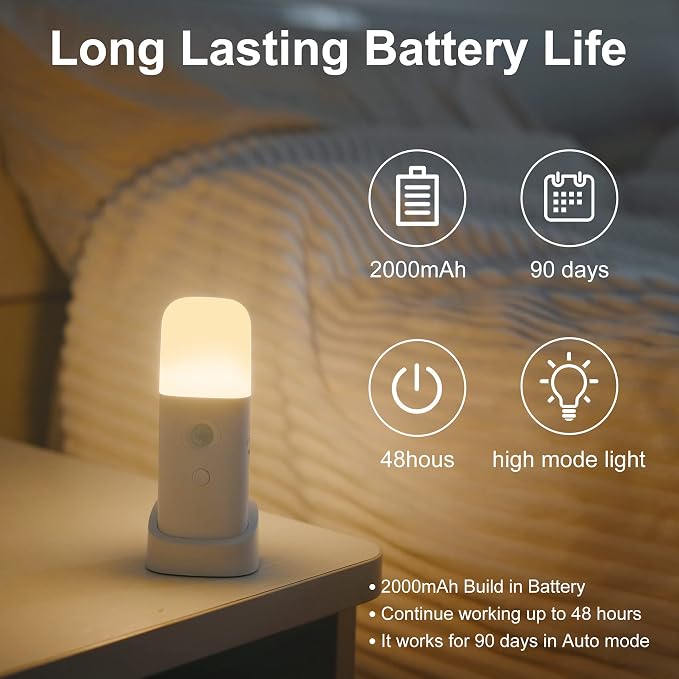 YELKO Rechargeable Night Light, Motion Sensor, Warm White 1Pack | Handheld Portable, Dimmable, 2000mAh Battery Powered, 5-Level Brightness, For Seniors Kids Adults