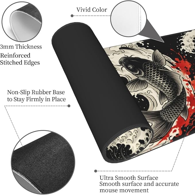 Japanese Koi Fish Wave Gaming Mouse Pad Large Extended Desk Mat Non-Slip Rubber Base Keyboard Pad with Stitched Edges for Office Gaming 31.5x11.8 in