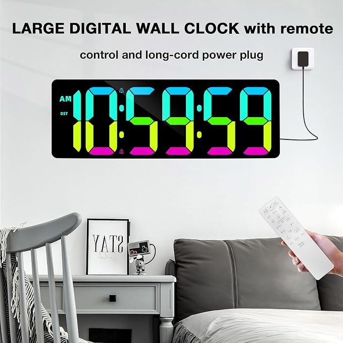 17.2" Large Digital Timer Wall Clock with Remote Control, Count Down Up Digital Timer, Auto DST LED Big Digital Clock for Bedroom Kitchen Living Room Office Gym Home Decor, RGB