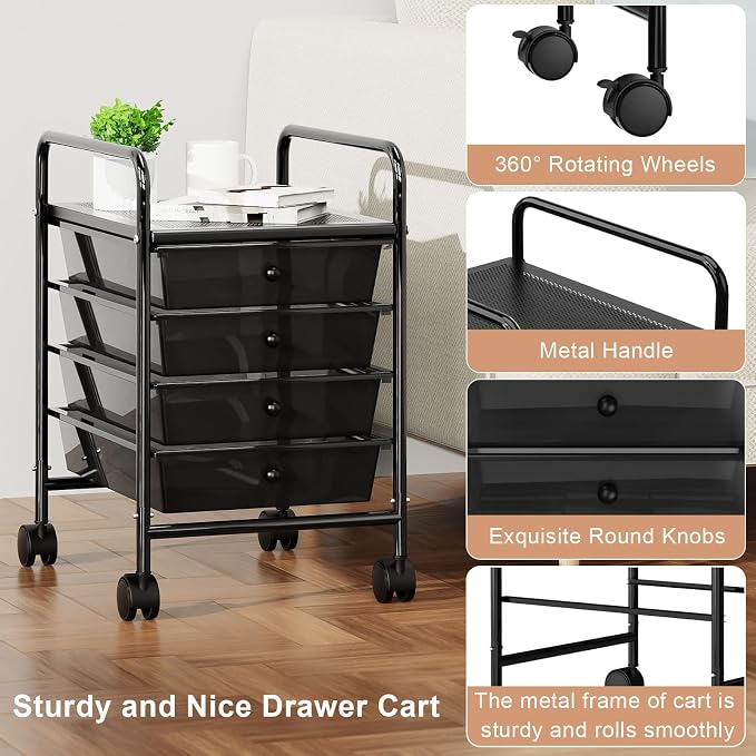 Rolling Storage Cart with Drawers 4-Tier Office Transparent Black | Utility Cart with 4 Drawers & 2 Lockable Caster Wheels, Multipurpose Mobile Drawer Cart for School Bathroom Kitchen