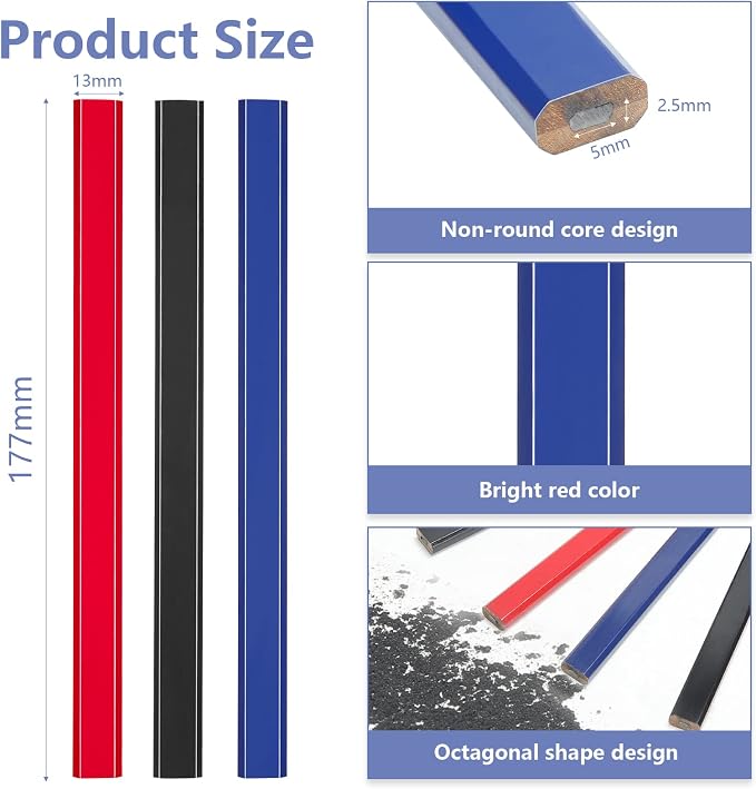 Epakh 120 Pcs Carpenter Pencil 7 Inch Flat Octagonal Hard Black Carpenter Marking Pencils Construction Contractor for Wood Working Tools Marking Concrete(Red, Blue, Black)