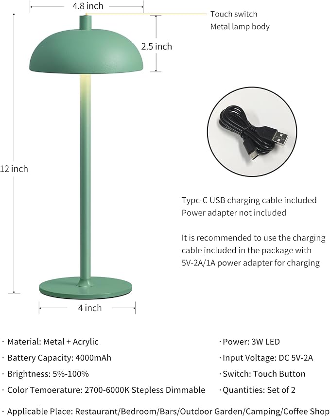 12" Cordless Table Lamps Set of 2, Green Modern Portable Desk Lamp | LED, 3 Color Dimming, Rechargeable, Battery Operated Lights for Bedroom, Outdoor, Restaurant, Bedside, Night Light, Gifts
