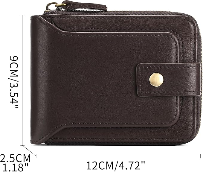 GOIACII Zipper Wallet for Men Genuine Leather RFID Blocking Mens Wallet with Zipper Coin Pocket ID Window Zipper Wallets Large Capacity