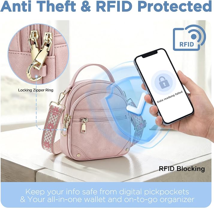 Anti Theft Crossbody Bag for Women RFID Small Purse Travel | Secure Crossbody Phone Purse with Handle, 5 RFID Slots, 7-Pocket Fits 7.9" Tablet, Adjustable Strap, Hands-Free Everyday