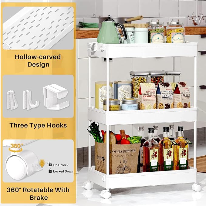 SPACEKEEPER 3 Tier Rolling Cart, Bathroom Cart Organizer with Wheels, White | Mobile Storage Cart for Laundry Room Organization,Kitchen,Office,Bathroom, Utility Cart for Snack,Craft,Art,Makeup,Nail,Toys