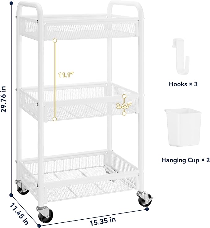3 Tier Metal Rolling Cart, White Utility Storage Cart with Wheels | Metal Mesh Craft Cart With Hooks & Hanging Cups, Ideal For Kitchen, Bathroom, Office, Dorm, Art Workspace, Bedside Storage