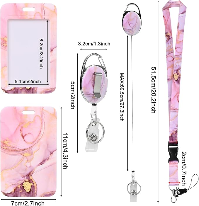 Pink Marble ID Badge Holder, Lanyard with Release Buckle,Heavy Duty Badge Reel,Detachable Keychain, for Nurse Officer Teacher Security Staff Women Men