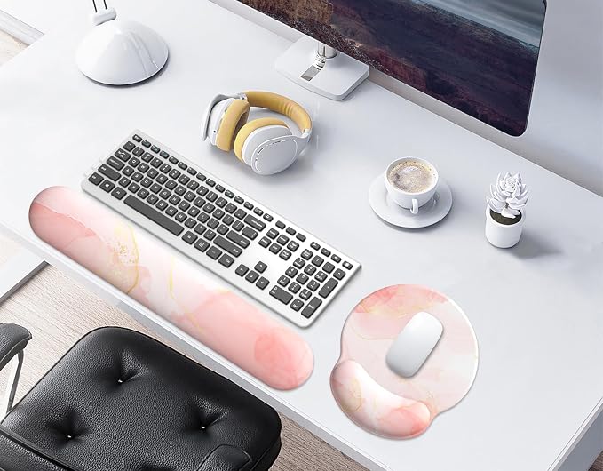 Mouse Pad Wrist Support, Ergonomic Memory Foam Keyboard Wrist Pad & Gel Wrist Rest Set for Computer Keyboard for Easy Typing & Pain Relief for Office & Home (Pink Marble)
