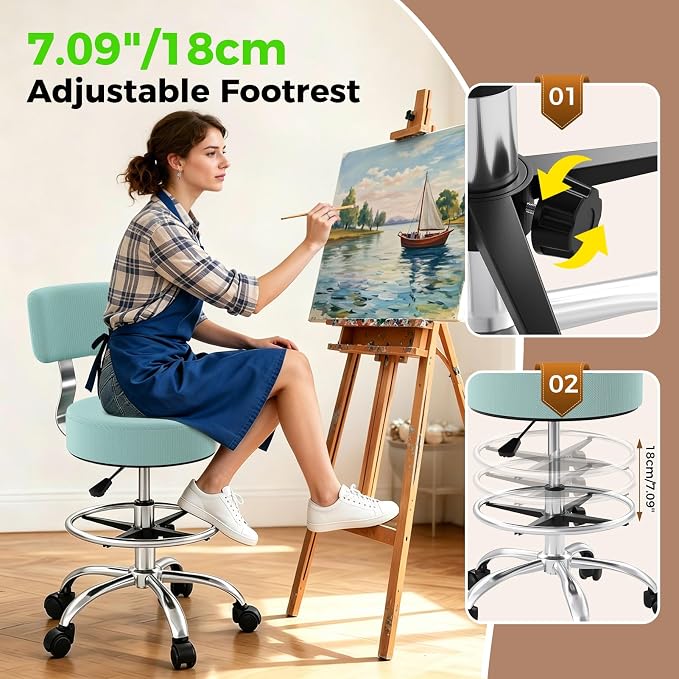 Office Drafting Chair with Footrest, Tall Height Adjustable Stool with Back Support, Heavy Duty Rolling Stool Chair with Wheels for Office Home Kitchen Bar Shop Guitar Studio Vanity, Mint Blue