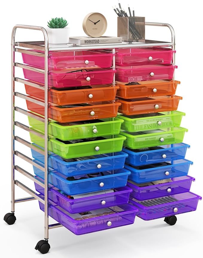 RELAX4LIFE 20 Drawer Rolling Storage Cart, Mobile Rolling Cart w/Drawers for School Classroom Teacher Office Home Salon, Paper File Art Supply Craft Organizer, Utility Cart on Wheels (Rainbow)