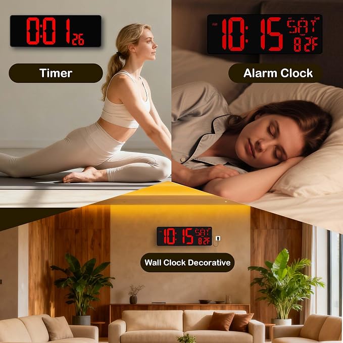 Digital Wall Clock Large Display: 16.5" LED Digital Clock with Remote Control Temperature Date Week Auto DST Adjustable Brightness, Big Wall Clock for Bedreeom Kitchen Living Room Office Gym