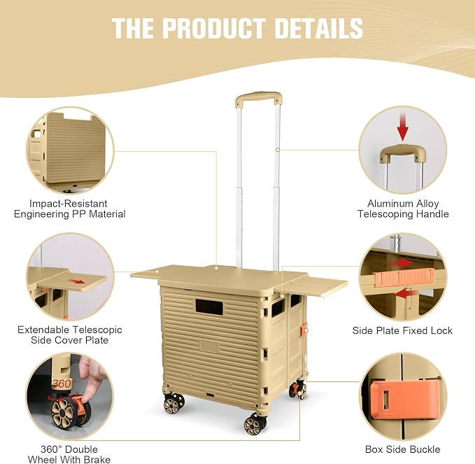 FELICON SELORSS Folding Utility Cart Portable Rolling Crate Handcart-Khaki | Magnetic Sliding Lid,Telescoping Handle,Plastic Box Dolly,360°Swivel Wheels for Travel Shop Move Laundry Office Teacher Use