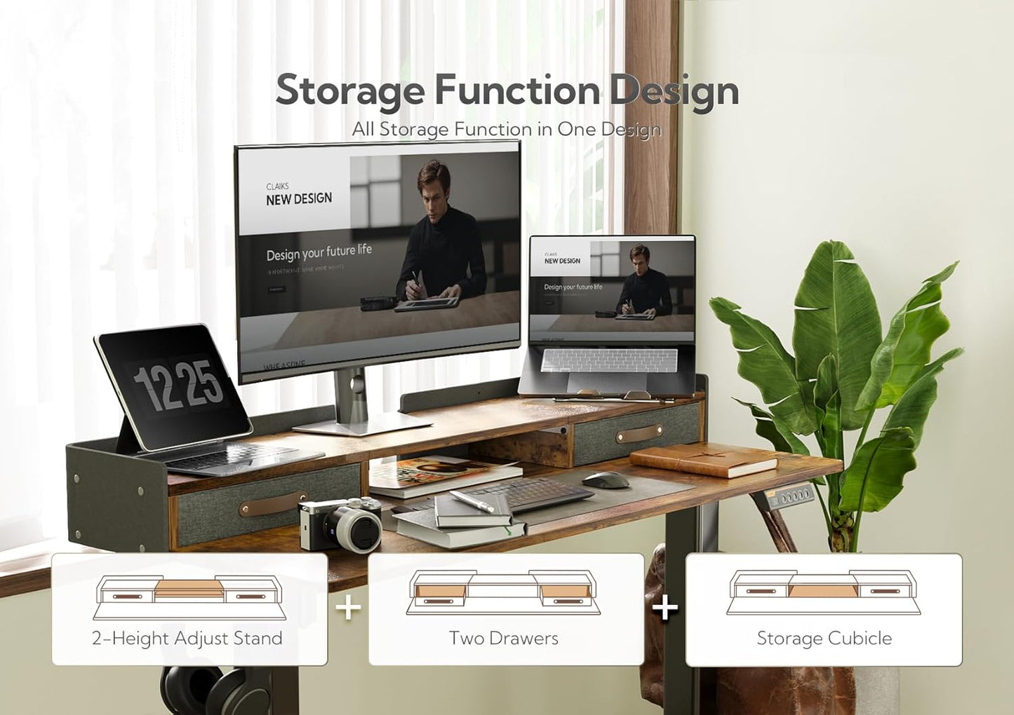 YDN Rustic Brown 2-Tier Adjustable Electric Standing Desk, 59 inch, Modern Design with 2 Drawers, Felt Fence, Hook, for Office