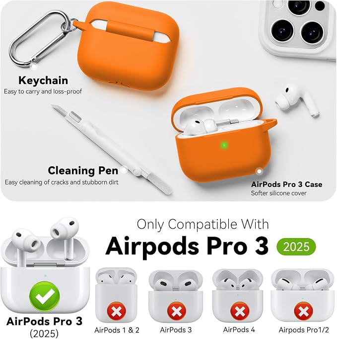 for AirPods Pro 3 Case 2025,Come with Cleaner Kit,Orange | Silicone Protective Cover for Airpod Pro 3rd Generation Case with Keychain,for Women Men,One-Piece Design,Shockproof